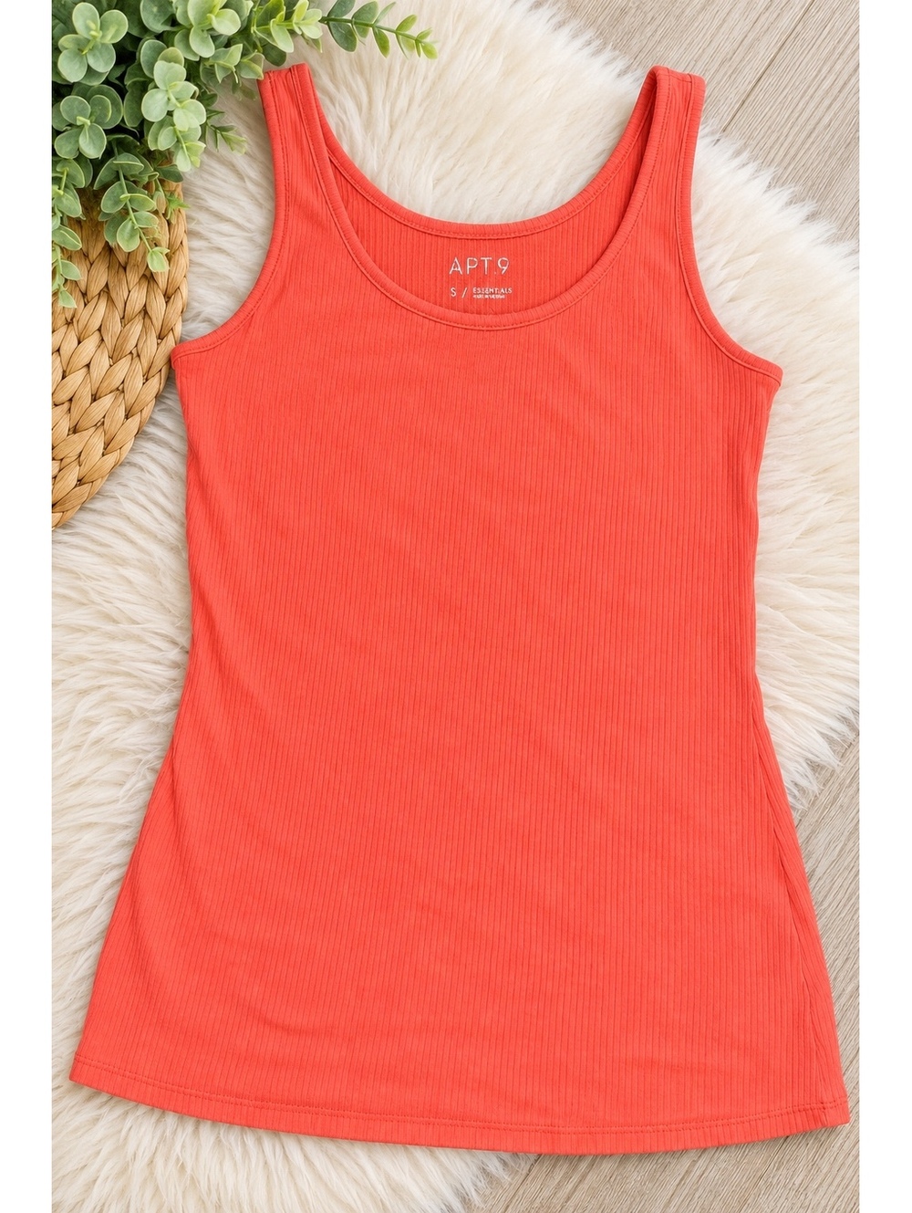 APT. 9 Essentials Women's Small Coral Orange Ribbed Tank Top Scoop Neck